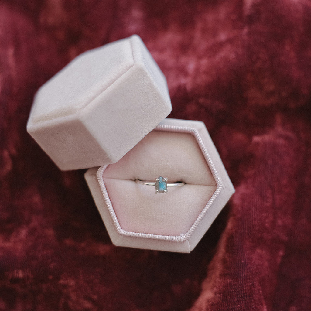 Labradorite teardrop ring in silver prong setting