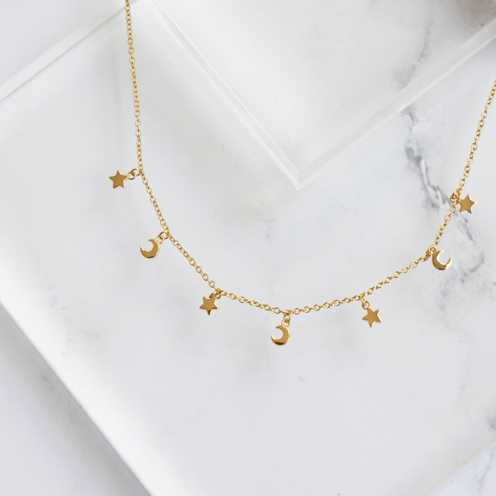Star & Moon Choker Necklace in Gold